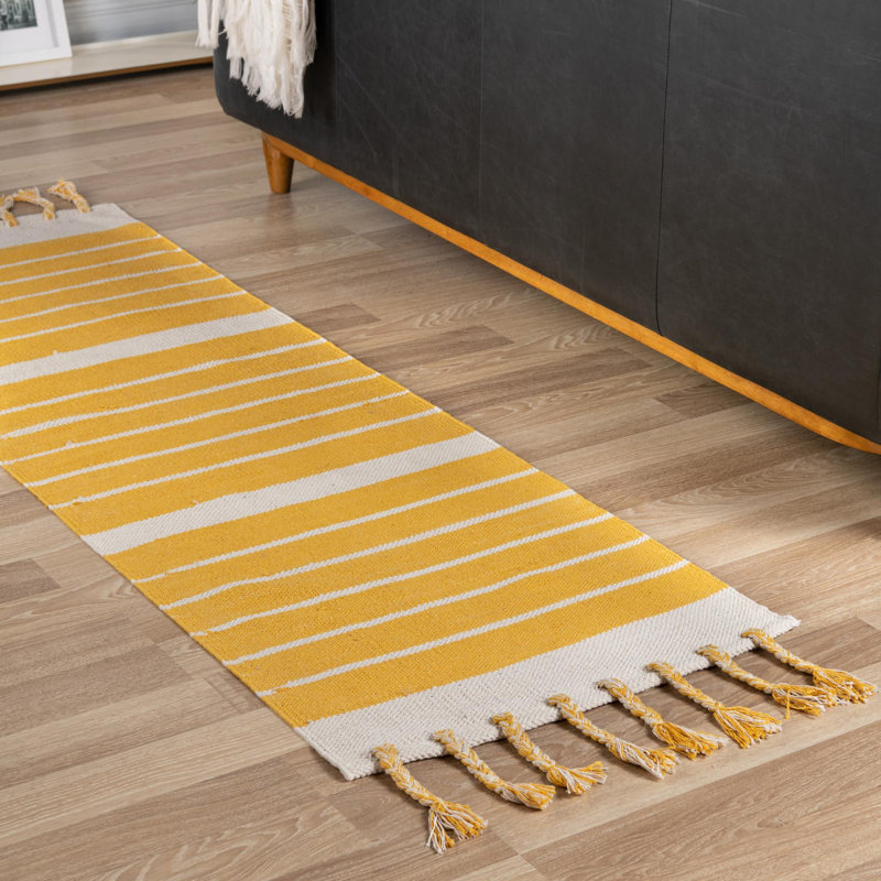 Rectangle Abish Striped Hand Loomed Cotton Area Rug in Navy/White, Runner 2'7" x 12'