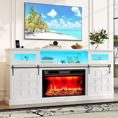 Meuble télé avec foyer - foyer électrique de 30 po avec lumières DEL, prise de courant, tiroirs et console multimédia coulissante pour téléviseur de 80 po ou moins