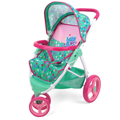 Baby Alive: Doll Jogging Stroller - Green, Pink, Hearts - Accessory For Dolls Up To 24 in, Foldable Design, Retractable Canopy, Storage, Kids Toy Age 3+