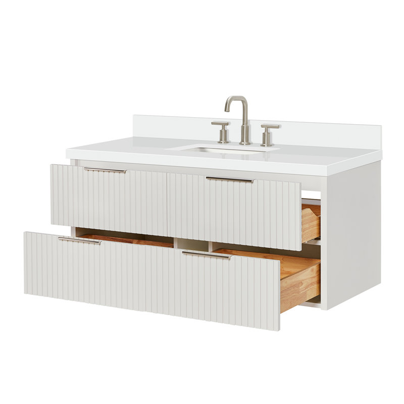 Meuble-lavabo mural simple 49 po avec comptoir en quartz blanc pur Mulloy 1,5 po Mulloy, Rectangulaire, Blanc chaud