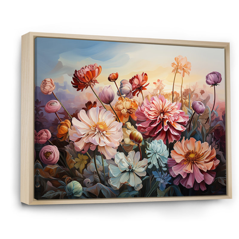 " Zinnias Country Charm II ", Natural Floater Framed, 24" H x 32" W