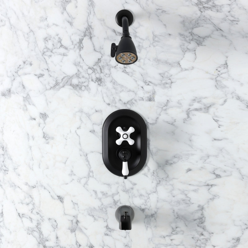 Kingston Brass Restoration Double-Handle 3-Hole Thermostatic Tub and Shower Faucet with Plunger Diverter, Matte Black