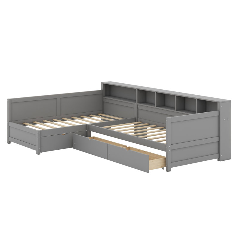 Structure en L pour 2 personnes, lit d'angle en bois avec tiroirs de rangement et tablettes intégrées, Gris