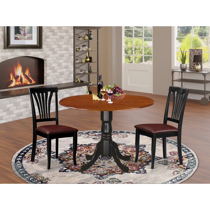 3 Piece Modern Dining Table Set Contains a Round Wooden Table with Dropleaf and 2 Faux Leather Kitchen Dining Chairs, 42x42 Inch, Black & Cherry
