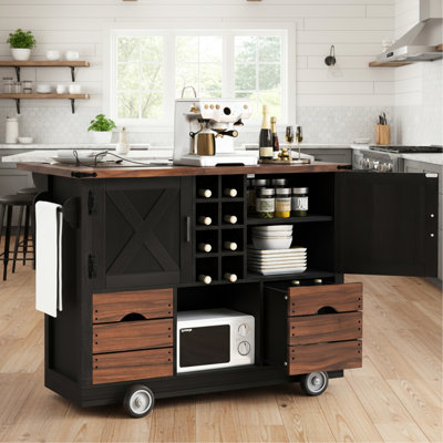 Îlot de cuisine de 54 po de largeur moyenne avec rallonge, prise de courant, support à vin amovible, support à épices et comptoir pliable pour serviettes, 2 portes, tiroirs, finition brun noir