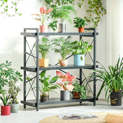 3 Tier Industrial Style Open Bookshelf with Metal Frame for Freestanding Placement
