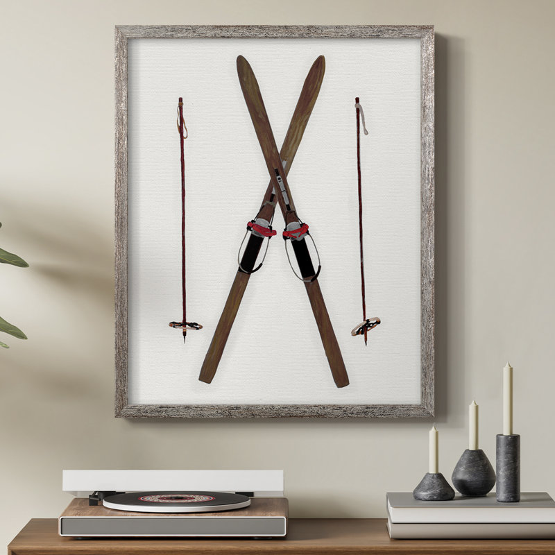 Reproduction encadrée de skis rétro - bois massif, H 11 po x l 9 po