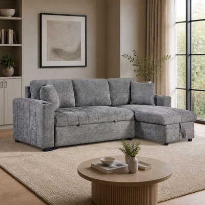Canapé-lit modulaire réversible 97 po en tissu bouclé gris 97 po avec méridienne de rangement, porte-gobelets, port de chargement USB et coussins décoratifs