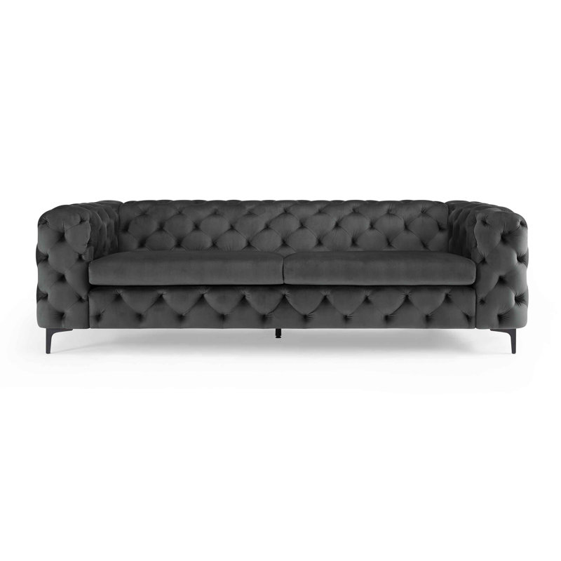 Ghaleb 237Cm Velvet Square Arms Sofa, Black, Grey Velvet