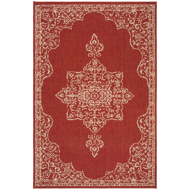 Danya Oriental Red/Cream Indoor / Outdoor Area Indoor/Outdoor Area Rug, Rectangle 6'7" x 9'2"