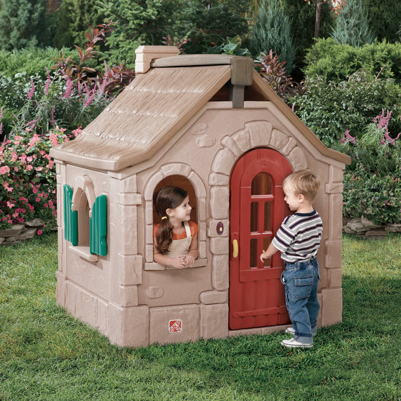 Naturally Playful Brown Plastic Cottage Playhouse with Red Door