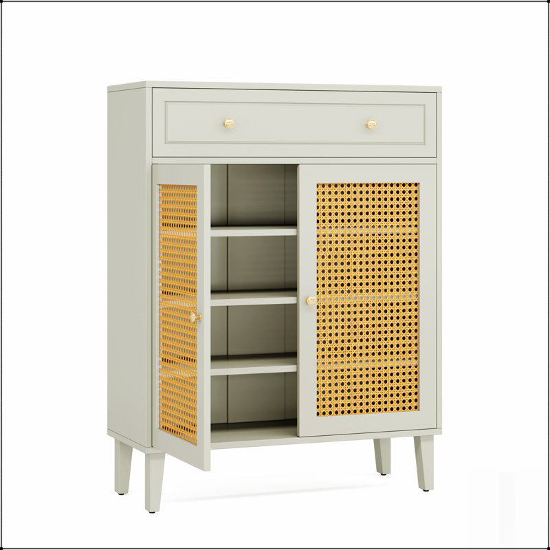 Armoire à chaussures 31,49 pouces en bois vert menthe avec portes en rotin et tiroir, rangement à 4 niveaux