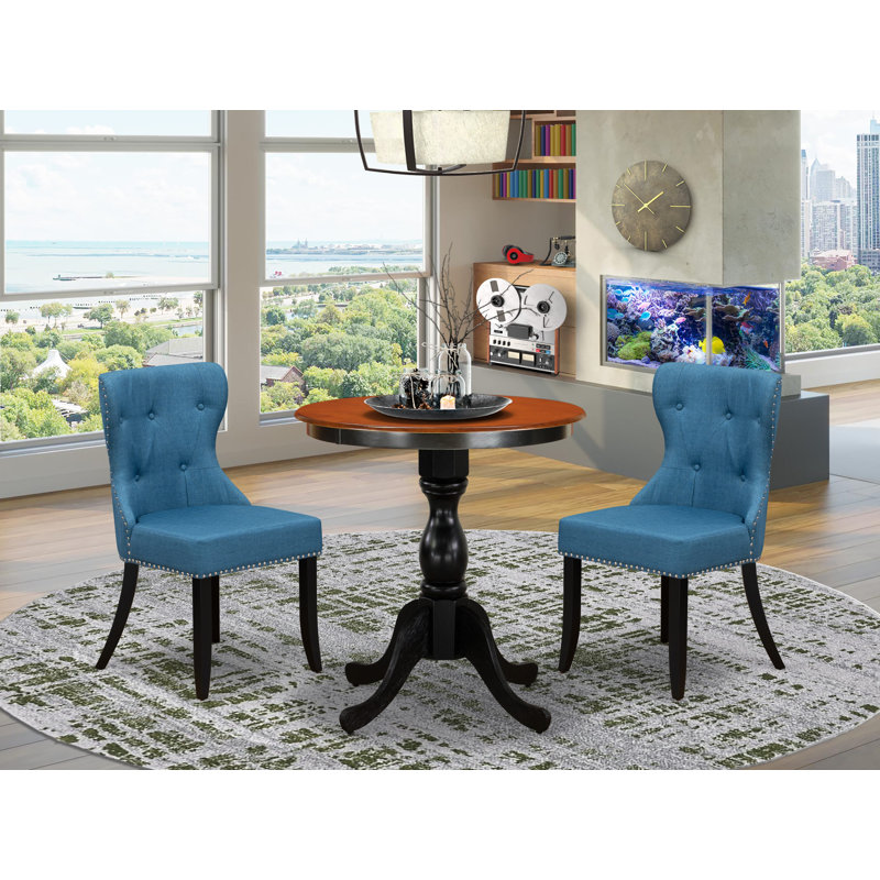 Ensemble de coin repas 3 pièces pour petits espaces comprenant une table de salle à manger ronde avec piédestal et 2 chaises Parson rembourrées en tissu bleu, 30 po x 30 po, noir et cerisier