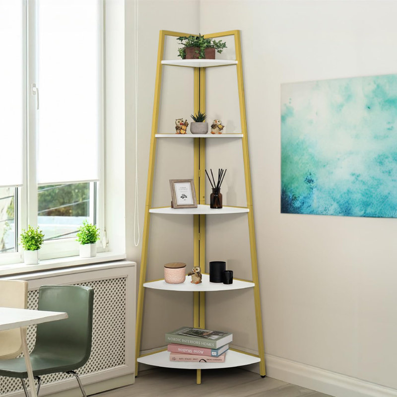 5-Tier Tall Corner Shelf Stand, Ladder Corner Wood Storage Plant Bookshelf with Metal Frame, Versatile Shelving Unit Bookcase for Home Office Space, Gold  