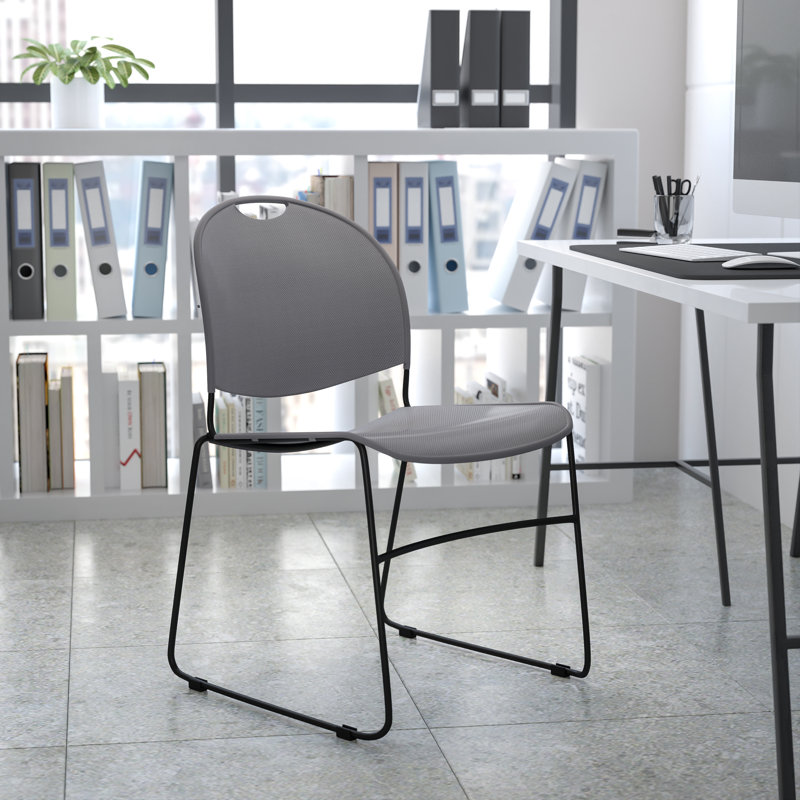 Hercules Series 880 lb Ultra-Compact Gray Vinyl Stack Chair with Black Metal Frame