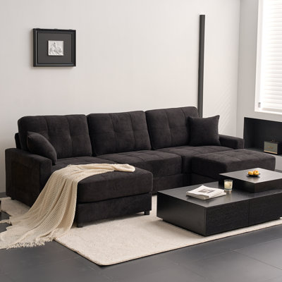112" U-Shaped Sectional Sofa Couch, Waffle Fabric Deep Seat Sofa with Ottoman, Spring Cushion Modular Couch for Living Room, Black