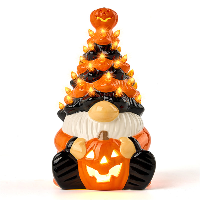 Arbre en céramique 8,5 pouces avec citrouille et gnome d'Halloween