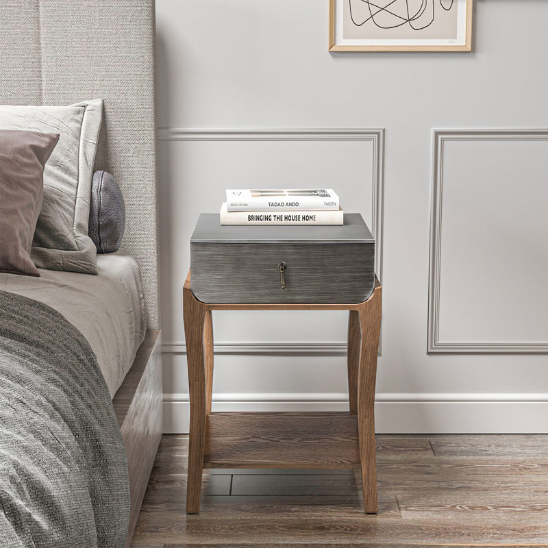 Table de bout avec tiroir et tablette Red Barrel Studio®, plateau gris argenté, Brun, Gris