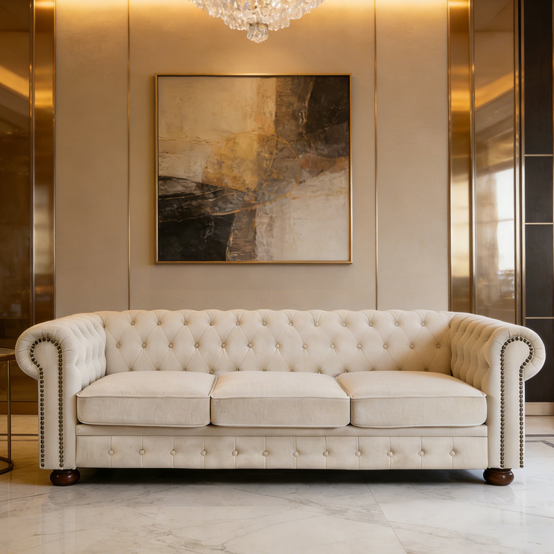 Canapé Chesterfield 88,5 po avec tissu en lin, structure en bois massif et coussins en mousse, Beige