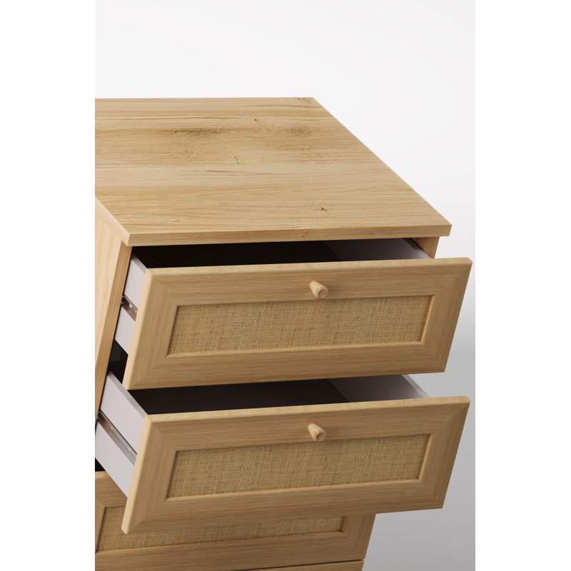 Commode 3 tiroirs en rotin tissé avec pieds en bois tourné, chêne naturel