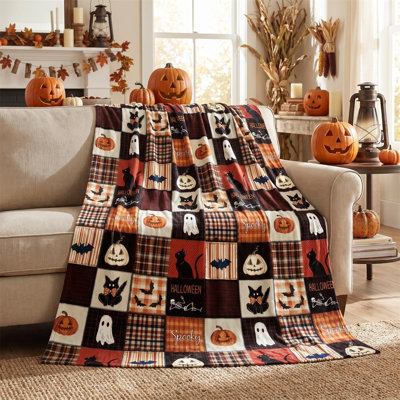 Halloween Flannel Blanket Throw,Grid Funny Face Pumpkin Cat Black Orange Hallowmas Soft Fuzzy Plush Cozy Fleece Blankets for Couch Sofa Bed Decor, Ideal Gifts for Adults 50x60