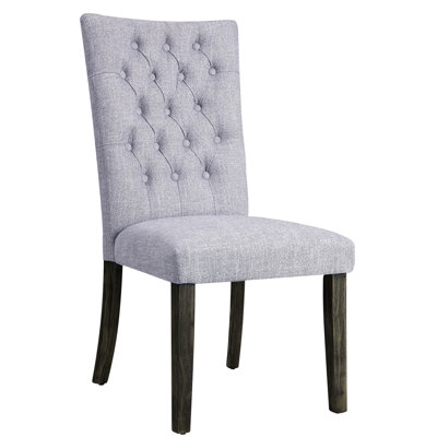 Grey Linen Armless Side Chair Of 2, High For Comfort, Standard Dining Height Stationary Seat, Fabric Padded Seat And Back With Multi - Tone, Square Button , Oak Finish Tapered Wood Legs, 220Lbs