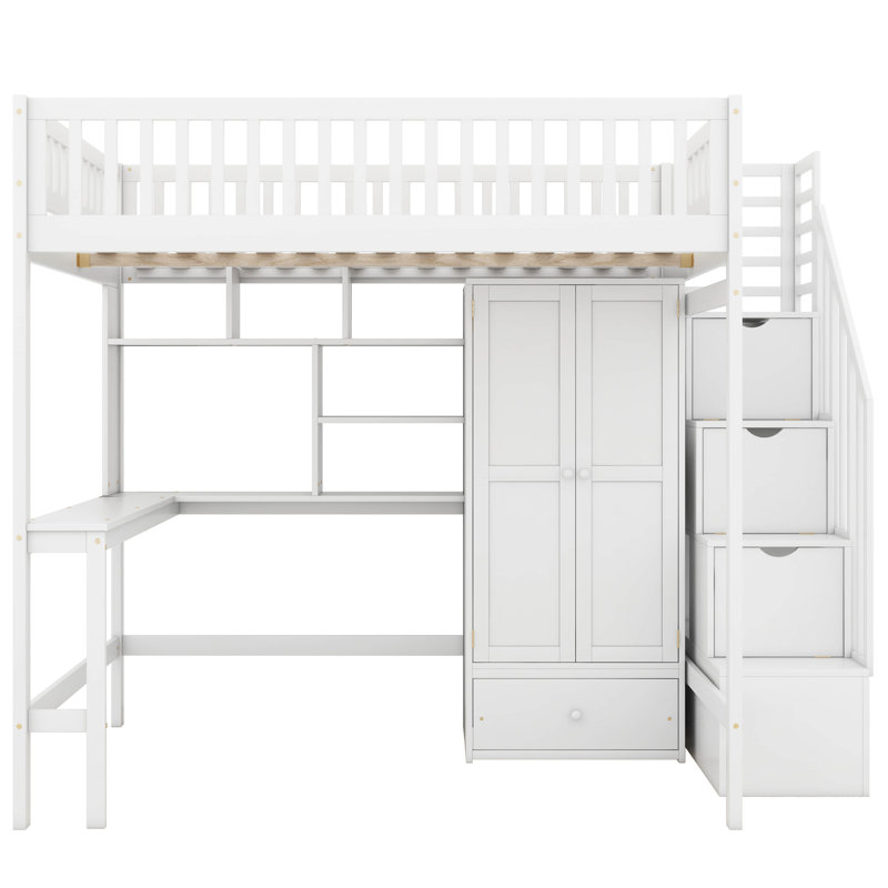 Lit mezzanine double avec tiroirs Jamesy Kids, Blanc
