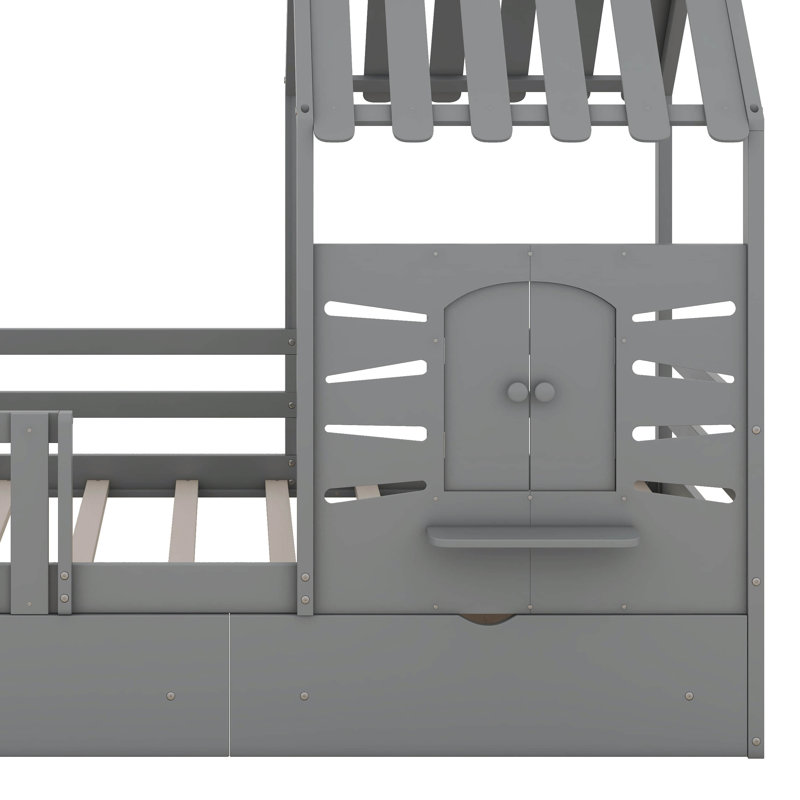 Structure de lit simple avec 2 tiroirs de rangement, lit maison avec toit et fenêtre, gris