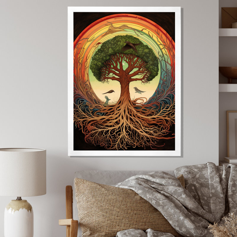 Arbre de vie, illustration rétro sur toile, H 40 po x l 30 po x P 1,5 po, Cadre simple blanc