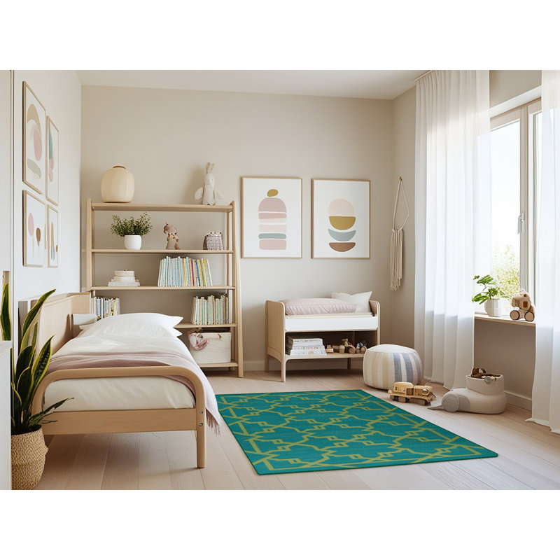 Machine Washable Trellis Green Area Rug, Rectangle 3' x 5'