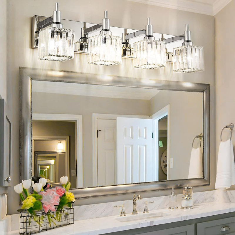 Luminaire de meuble-lavabo moderne en cristal avec finition noir mat et laiton, 4 lumières à intensité variable