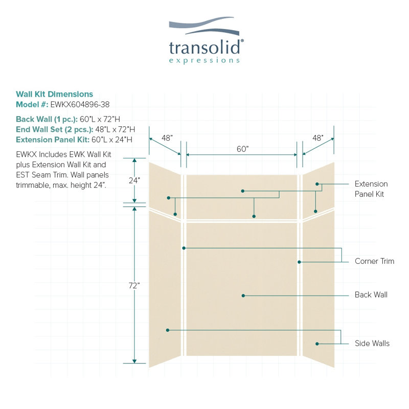 Expressions 6 Panel Shower Wall, White, 72" H x 60" W x 48" D