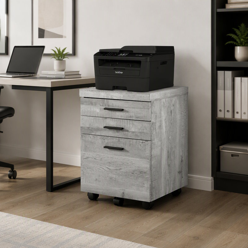 Classeur stratifié gris contemporain avec tiroirs de rangement et support pour imprimante