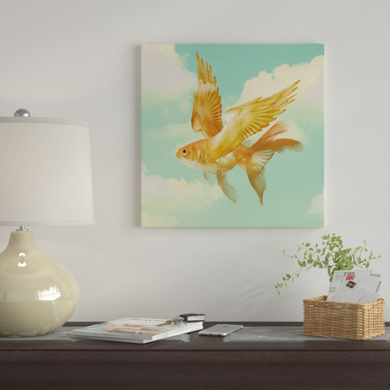 « flying un poisson rouge » par vin zzep, impression sur toile tendue, H 18 po x l 18 po x P 1,5 po, Toile avec cadre noir