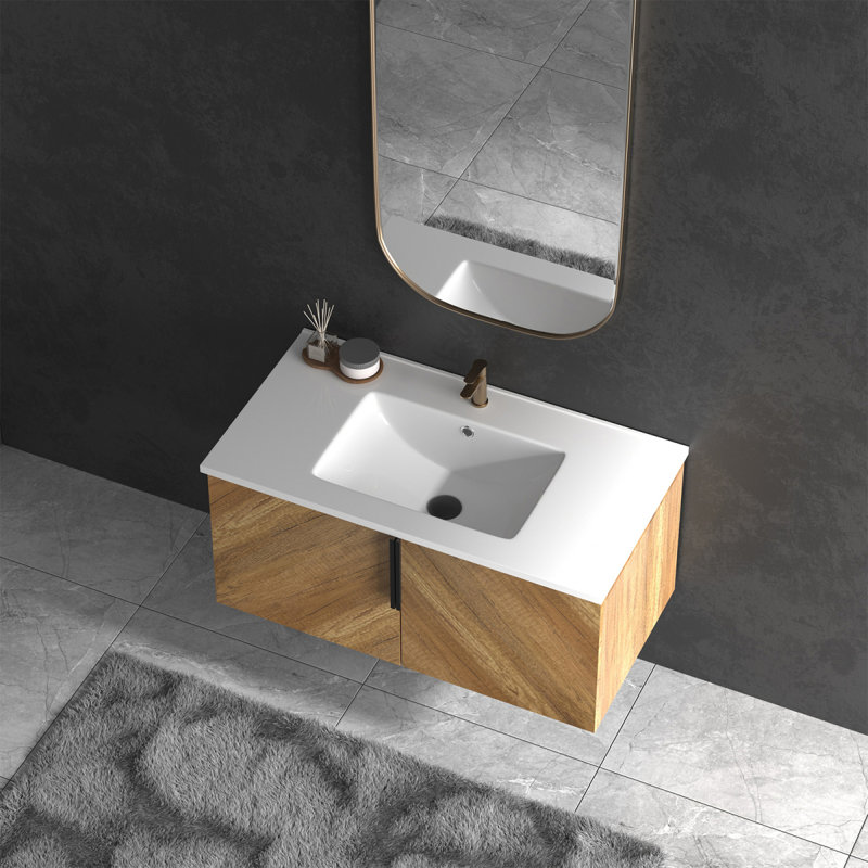 Meuble-lavabo mural 36 po avec panneau cannelé 3D et lavabo intégré en céramique