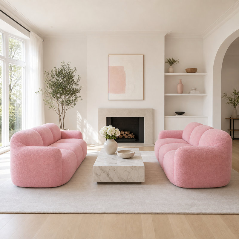 Canapé en nuage 2 pièces avec accoudoirs intégrés, ensemble de canapé en peluche 3 places en peluche, sans assemblage, Pink