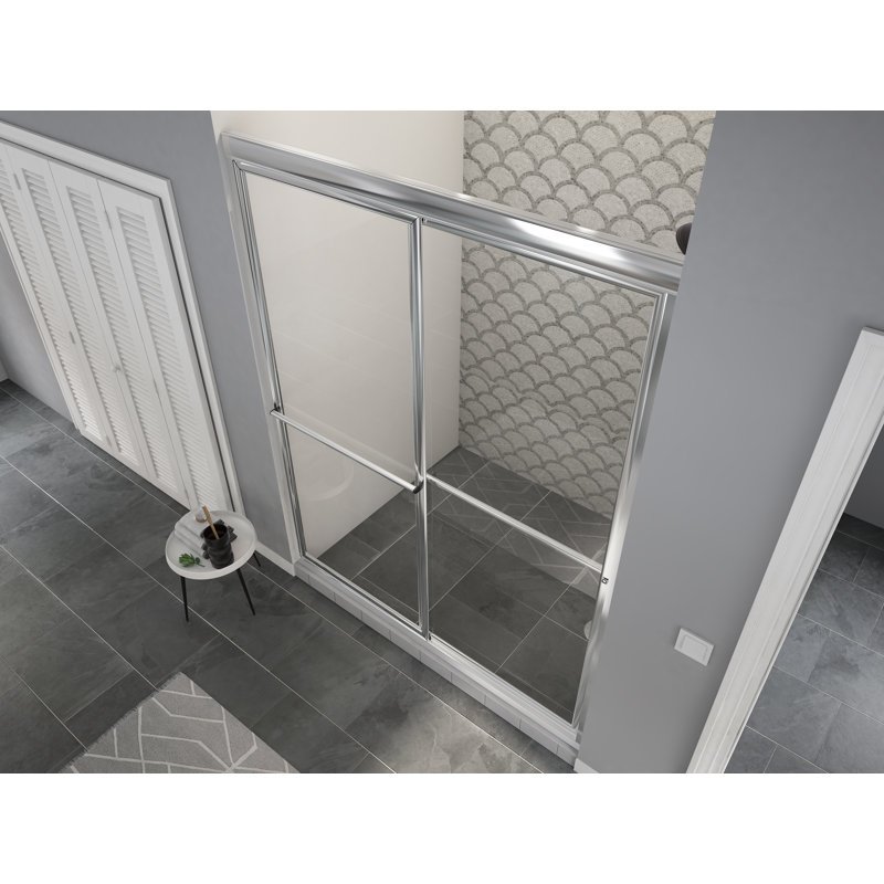 Porte de douche encadrée 52 po x 70 po bypass Newport Series, Transparent, Argent poli (chrome)