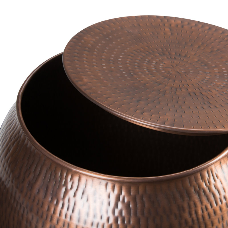 Griffen 19"W Metal Industrial End Table with Drum Design and Hidden Storage, Assembled, Antique Copper