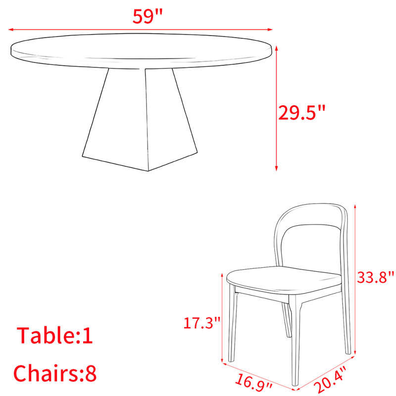 European style solid wood round table set, 29.5"H x 59"L x 59"W