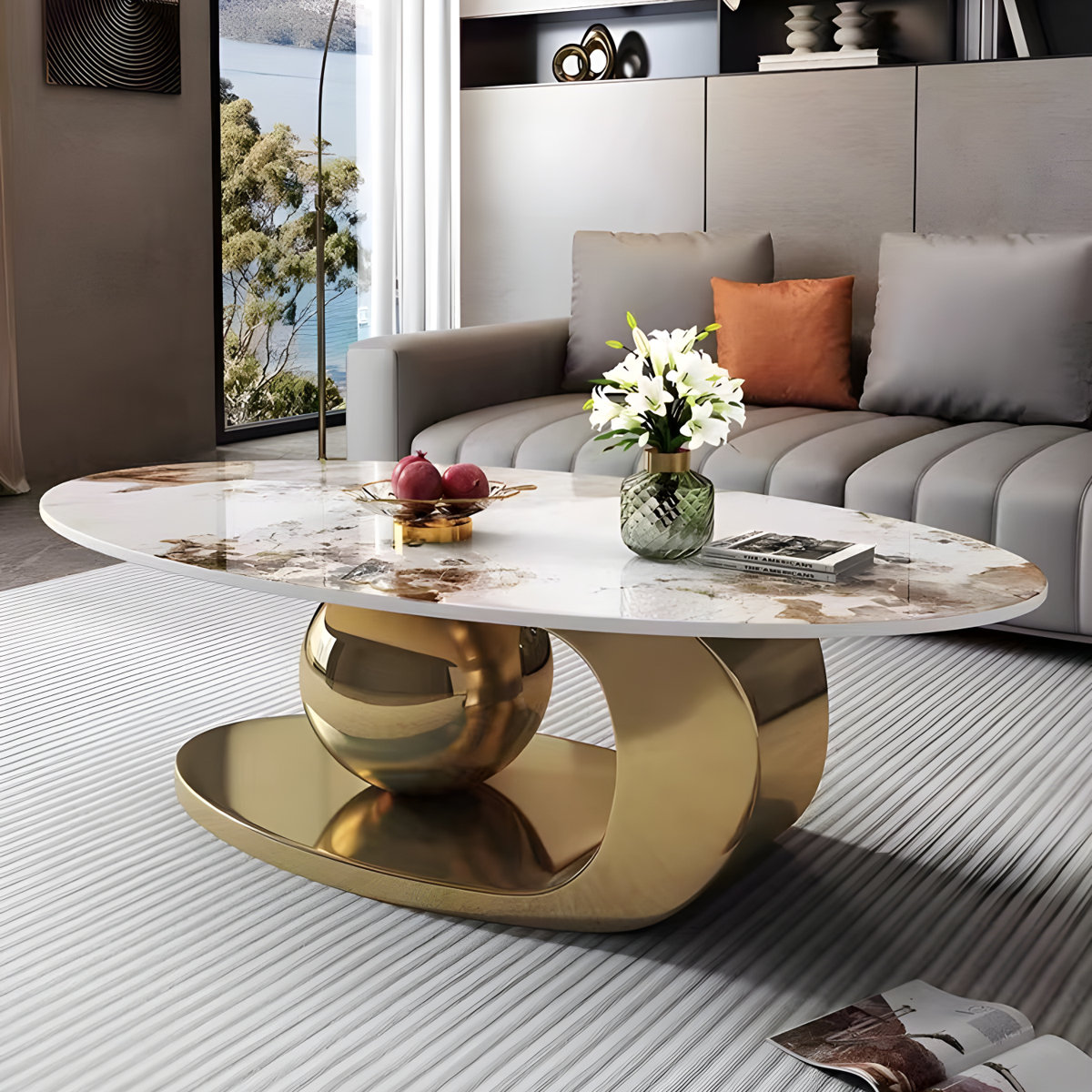 Brayden Studio Delvan Oversize 51.2L Inch Oval Countertop Coffee Table With Stainless Steel Base