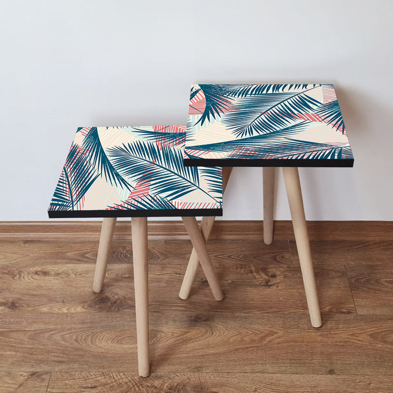 Modern Nesting Tables (2 Pieces), Navy Blue, Cream & Salmon | 100% MDF with Beech Wood Legs | Bigger Table: 13.8 x 18.5 x 13.8 inches | Smaller Table: 13.8 x 16.5 x 13.8 inches | Stylish & Functional for Any Space