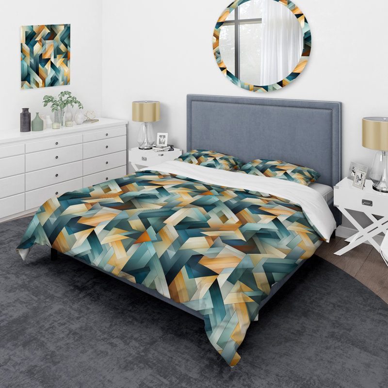 Natural Tones Grey And Beige Mosaic Geometric Shapes Duvet Cover, Twin Duvet Cover + 1 Standard Sham, Geometric Shapes 10
