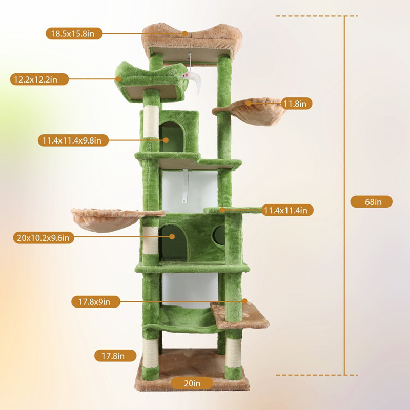 68" Tall Multi-Level Green Cat Tree with Hammocks, Hanging Basket, Cat Cave, Removeable Cushion, Scratching Posts