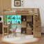 Lit surélevé simple en bois avec bureau intégré, système d'éclairage à DEL, tablettes de rangement et armoires-2029133176