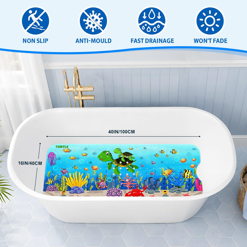 Baby Bath Mat - 40''X16'' Extra Long Cartoon Bathtub Mat Non Slip Kids Shower Mat Eco-Friendly Toddler Bath Mats With Suction Cups, Machine Washable, Sea Turtle