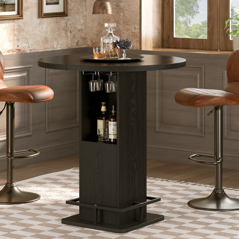 Table de bar avec porte-verres à vin intégrés, repose-pieds en métal robuste et rangement pour bar, cuisine et salle à manger.