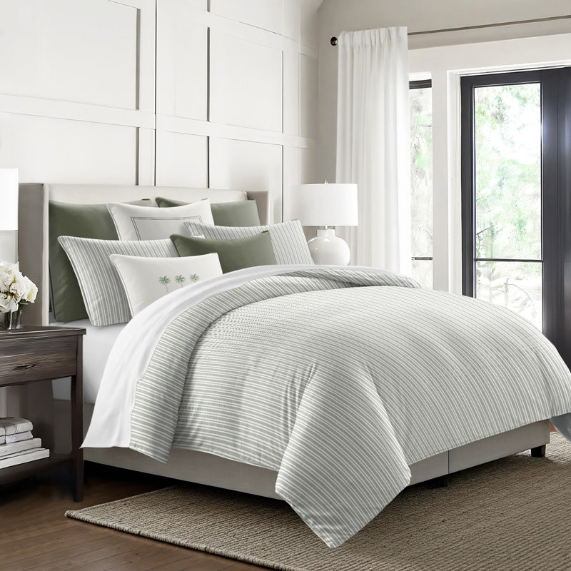 Pacific Stripe Reversible Cotton Comforter Set, Cal.King Comforter + 2 King Shams, Sweet Grass