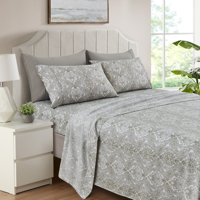 Percale Paisley Sheet Set, Queen Sheet Set + 1 Fitted Sheet + 2 Pillowcases, Dark Gray