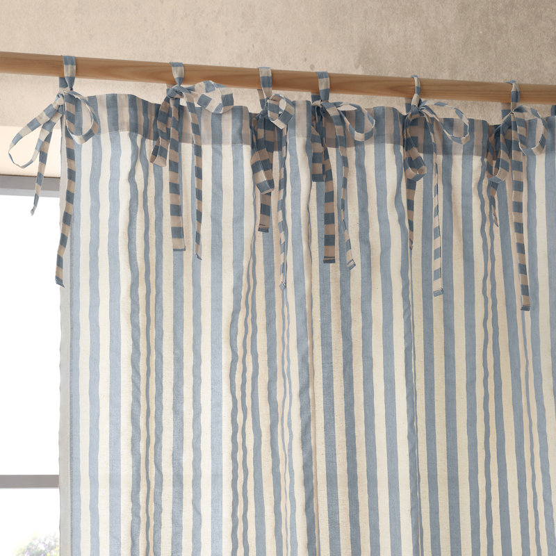 Zanzibar Woven Stripe Voile Curtain Panel Cotton Blend Sheer Tab Top Single Curtain Panel, Blue, 139.7cm Width x 229cm Drop
