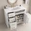 Meuble-lavabo autoportant 36 po avec comptoir d'évier, armoire en bois de pin et panneau de fibres à densité moyenne avec 4 tiroirs (1 tiroir rabattable), 2 portes et tablette réglable, lavabo en céramique, blanc